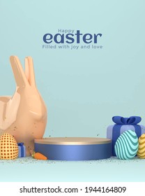 3D Easter design. Spring holiday. Festive Easter eggs. blue background. Vector illustration. bunny. Rabbit modern template. Minimal background. Banner. poster. Podium. Gift box. Vector illustration