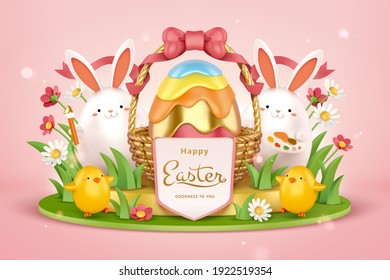 3d Easter egg hunt background. Cute rabbits with painting tools standing beside a huge Easter egg basket.