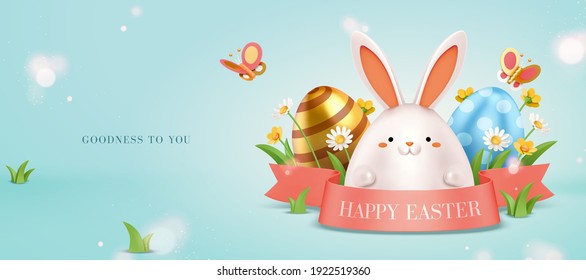 3d Easter egg hunt background. Cute white rabbit hiding behind a pink ribbon with grass and painted eggs.