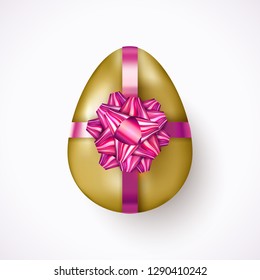 3D Easter Egg tied of Purple ribbon and gift bow. Eggs Hunt. Festive holidays symbol for e-mail newsletter, sale internet banners, voucher, advertisement. Vector Illustration EPS 10 file.