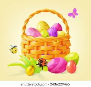 3d Easter Eggs Basket with Flying around Bees, Ladybug Insect and Butterfly Cartoon Style. Vector illustration