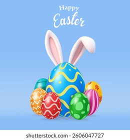 3d easter eggs with bunny ears. happy easter holiday concept. minimal style. Festive design with Cute Easter rabbit. Banner, flyer cover, brochure. Vector illustration