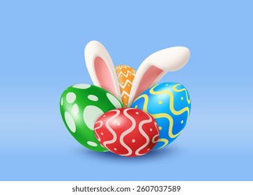 3d easter eggs with bunny ears. happy easter holiday concept. minimal style. Festive design with Cute Easter rabbit. Banner, flyer cover, brochure. Vector illustration