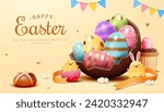 3D Easter eggs in a chocolate shell, surrounded by chicks, and cupcake on beige background.