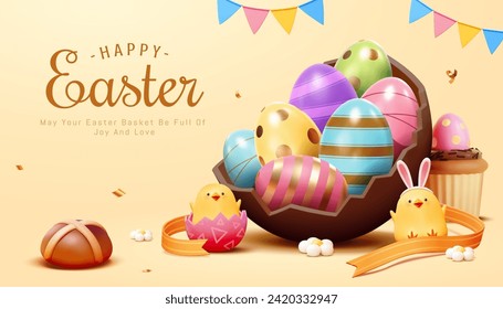 3D Easter eggs in a chocolate shell, surrounded by chicks, and cupcake on beige background.