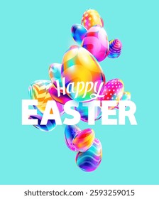 3D Easter eggs. Colorful Holiday banner with congratulatory inscription.