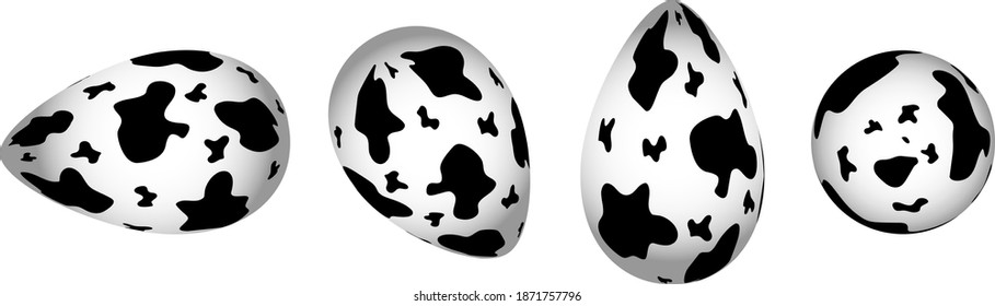 3d Easter eggs in different projections with cow spot pattern, isolated vector illustration on white background. 
