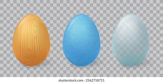3d Easter eggs from glass, wood and blue jeans isolated on transparent background. Happy Easter icons set of wooden, clear and textile eggs, vector realistic illustration