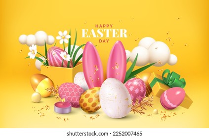 3D easter eggs, spring greeting. Wallpaper with flowers, clouds and bunny ears. Abstract summer paper. Web banner template. Isolated cute render elements. Vector realistic exact concept