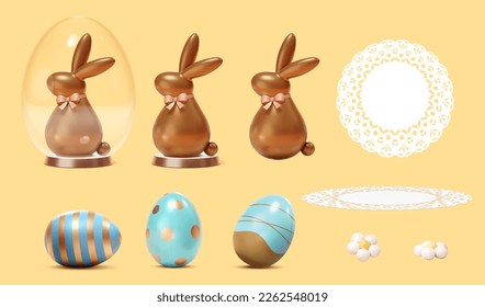 3D Easter element set isolated on light yellow background. Including chocolate bunny, painted Easter eggs, daisies, and round lace doilies.