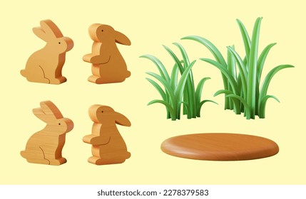 3D Easter element set isolated on light yellow background. Including wooden carved rabbits ornament, podium, and grass.