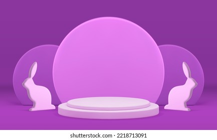 3d Easter empty podium purple stage bunny decor for sale retail product performance realistic vector illustration. Pedestal scene religious holiday festive celebration minimalist rendering display