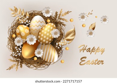 3 d Huevos de oro de Pascua en un nido, ilustración realista de óvulos vectoriales con flores y hojas de primavera de margarita blanca.