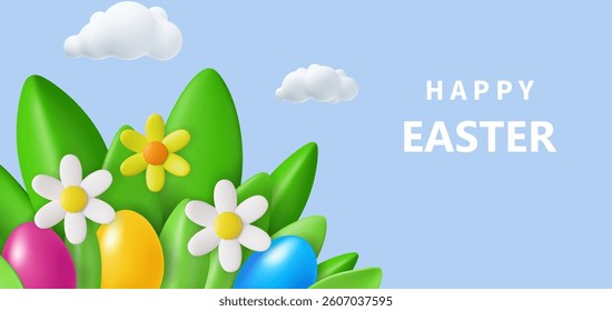 3d Easter greeting card, banner with flowers, Easter eggs and clouds. Spring floral Modern graphic concept. Vector illustration