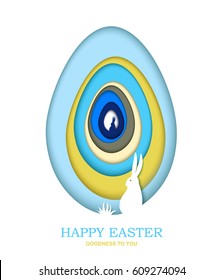 3d Easter greeting card with carving egg and bunny in paper art style. Origami vector concept
