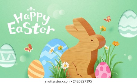 3D Easter greeting card with wooden bunny and paper art eggs on light green background.