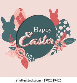 3D Easter Greeting, Vector Easter Card with Bunnies, Eggs and Flowers.