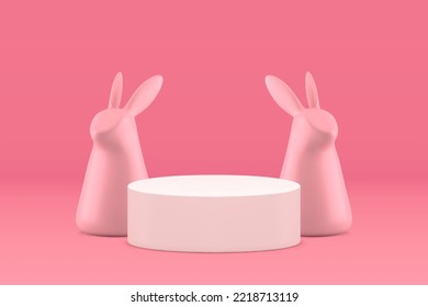 3d Easter holiday podium circle stage pink bunny minimalist decor element design realistic vector illustration. Festive pedestal religious decorative celebration cute rabbit product promo presentation