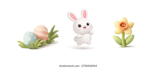 3D Easter icon set. Cheerful bunny jumping, daffodil, Easter eggs in the grass. For Easter greeting concepts. Isolated icons on white background. Vector illustration.