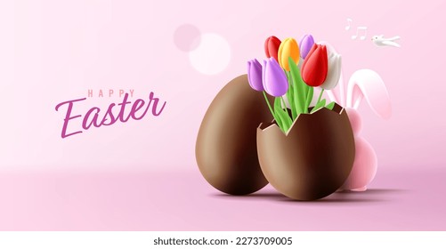 3d Easter illustration with chocolate egg and tulip bouquet inside it and bunny hiding behind