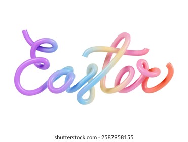 3D Easter lettering made of colorful twisted plastic tubes, isolated on white background. Bright holiday typography for festive spring celebrations, greeting cards, banners, and decorative designs