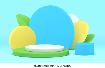 3d Easter podium colored geometric festive stage seasonal sale product promo presentation realistic vector illustration. Circle pedestal religious holiday celebration steps level spring leaves decor