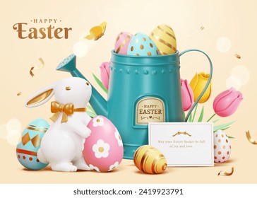 3D Easter porcelain bunny, painted eggs, watering can, and tulips on light beige background.