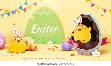 3D Easter poster with chocolate eggs and paper art chicks with bunny ears on light yellow background.