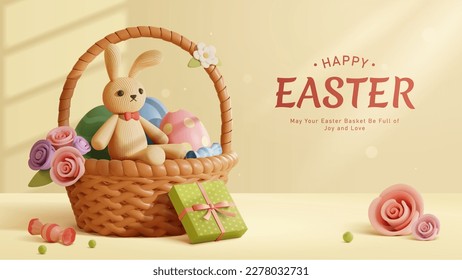 3D Easter poster. Corduroy rabbit plushy in basket full of painted eggs, candy, and roses on light beige background.