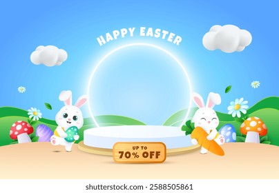 3d easter sale podium design with cute easter rabbits and elements. Vector easter background template concept for season celebration and promotion.