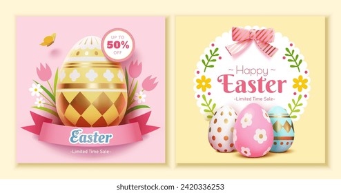 3D Easter sale promotion template set with painted eggs isolated on pale yellow background.