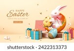 3D Easter shopping banner with porcelain rabbit in a shell on the podium surrounded by gifts.