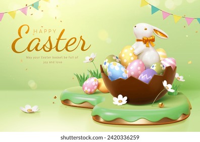 3D Easter template with chocolate eggs and porcelain bunny on grass podium on green background.: stockvector