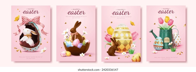 3D Easter template with rabbit decorations, painted eggs and flowers on pink background.