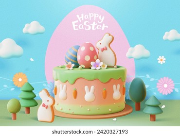 3D Easter theme cake with painted eggs and bunny sugar cookie on nature background.