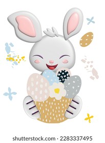 3D Easter vector template of cute bunny, cartoon basket with painted flowers and eggs. Voluminous white ears of the Easter bunny. Funny cartoon illustration for greeting card, banner, poster.