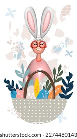 3D Easter vector template of girl with bunny ears, cartoon basket with painted eggs and flowers. Voluminous white ears of the Easter bunny. Funny cartoon illustration for greeting card, poster, banner