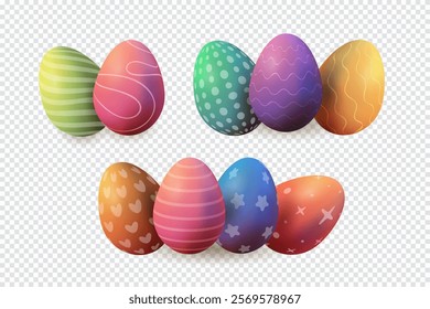 3d Easter voluminous eggs, composition elements, realistic and multicolored , vector illustration