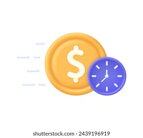 3D Easy loan illustration. Dollar and clock icons. Credit payment. Fast money icon. Trendy and modern vector in 3d style