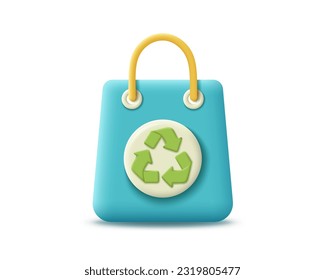 3d eco bag with recycling sign vector icon. Render green bag for eco-friendly, global warming, recycle, organic and bio concept. 3d rendering realistic plastic bag cartoon illustration