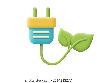 3D Öko-Stecker mit Blatt-Vektorsymbol. Render grüner Stecker. Alternative Netzenergie, Öko, Erderwärmung, Recycling, Umweltschutz Konzept. 3D-Darstellung der elektrischen Stecker-Cartografik