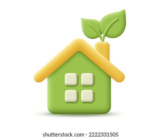 3D eco house with leaf, ecology icon. Render eco-friendly house for protect environment, global warming, save earth, green energy concept. 3d green home vector cartoon minimal illustration.