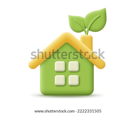 3D eco house with leaf, ecology icon. Render eco-friendly house for protect environment, global warming, save earth, green energy concept. 3d green home vector cartoon minimal illustration.