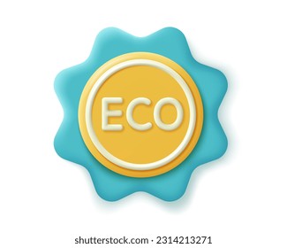 3d etiqueta ecológica o insignia, icono. Hacer eco de emoticones para el concepto de producto natural, biológico y saludable. 3d ilustración de dibujos animados de etiquetas plásticas realistas