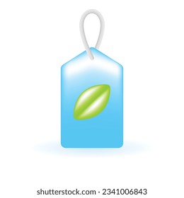 3D Eco Tag Bio Green Leaf Price Tag Icon. Eco Sustainability Environmental Concept. Glossy Glass Plastic Color. Cute Realistic Cartoon Minimal Style. 3D Render Vector Icon UX UI Isolated Illustration.