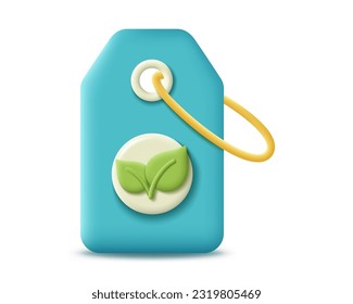 3d eco tag with green leaf sign icon. Render tag on rope for eco-friendly, recycle, organic, bio and protect environment concept. 3d rendering realistic plastic tag cartoon vector illustration