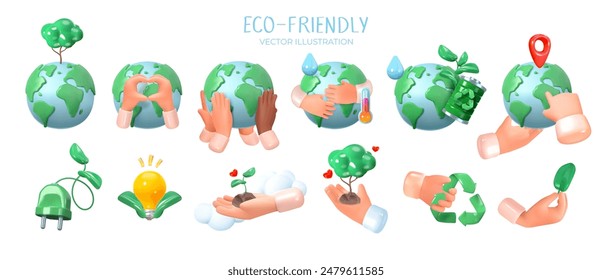 Conjunto ecológico 3D, ecología y clima en el planeta tierra, globo. Calentamiento global y conservación de la naturaleza. Ilustración vectorial