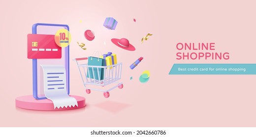 3D e-commerce banner or landing page template. Phone on round podium with cart and shopping items flying around. Concept of credit card reward for online shopping. - Shutterstock ID 2042660786
