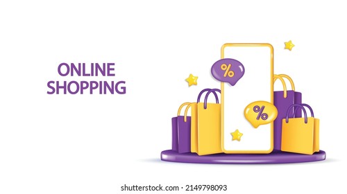 3D e-commerce banner or landing page template. Phone on round podium with cart and shopping items.