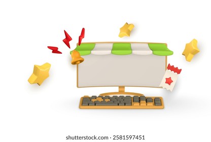 3d ecommerce concept. Laptop, shopping bags, discount, promotion, sale. Vector illustration.